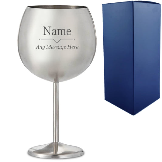 Engraved Metal Gin Balloon Glass with Line Break Design, Personalise with Any Name and Message
