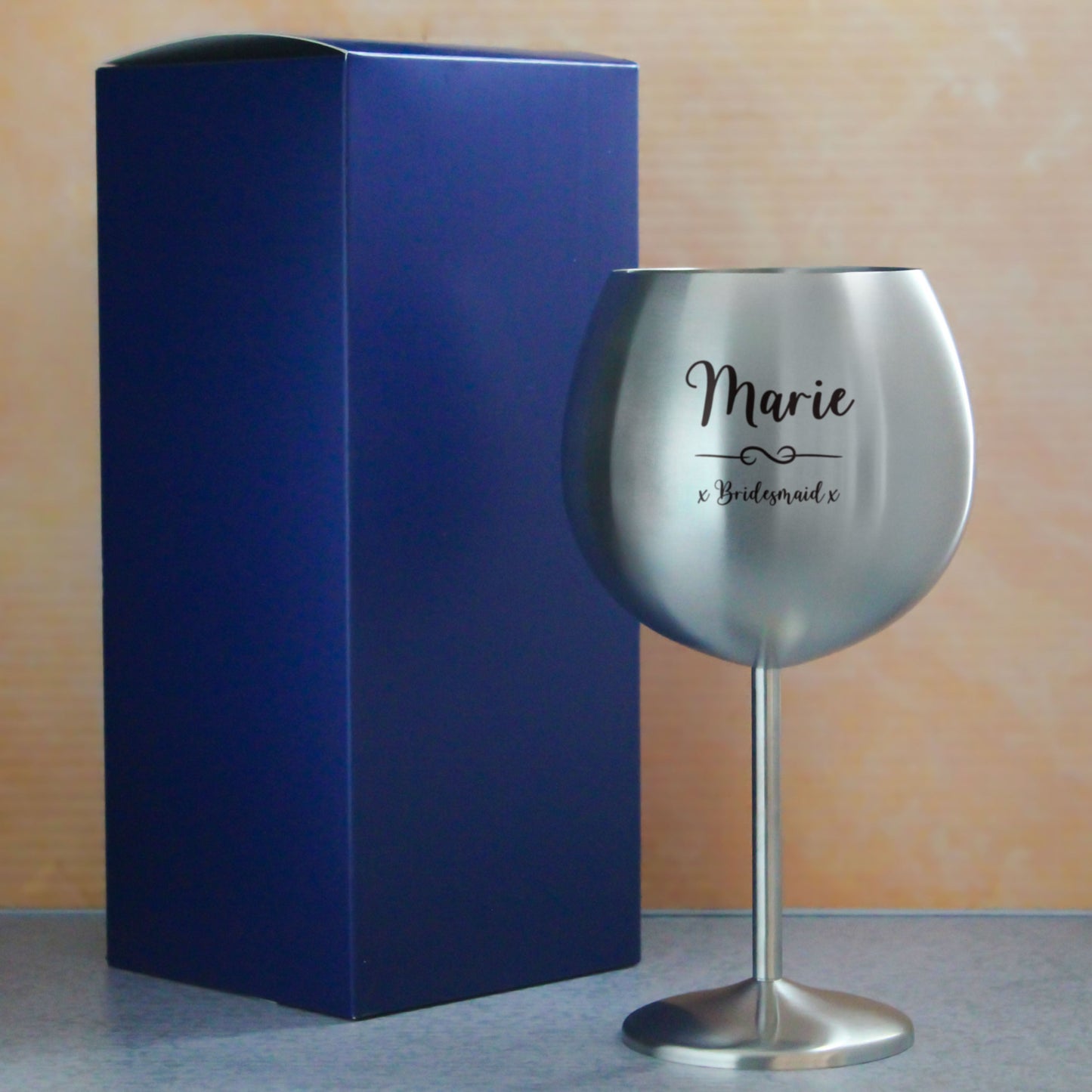Engraved Metal Gin Balloon Glass with Flourish Design, Personalise with Any Name and Message