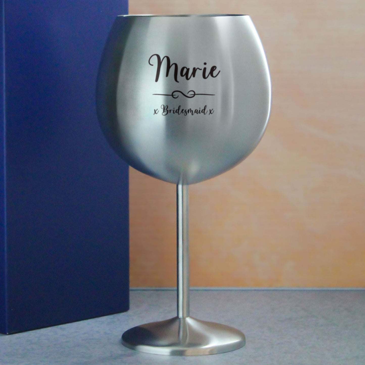 Engraved Metal Gin Balloon Glass with Flourish Design, Personalise with Any Name and Message