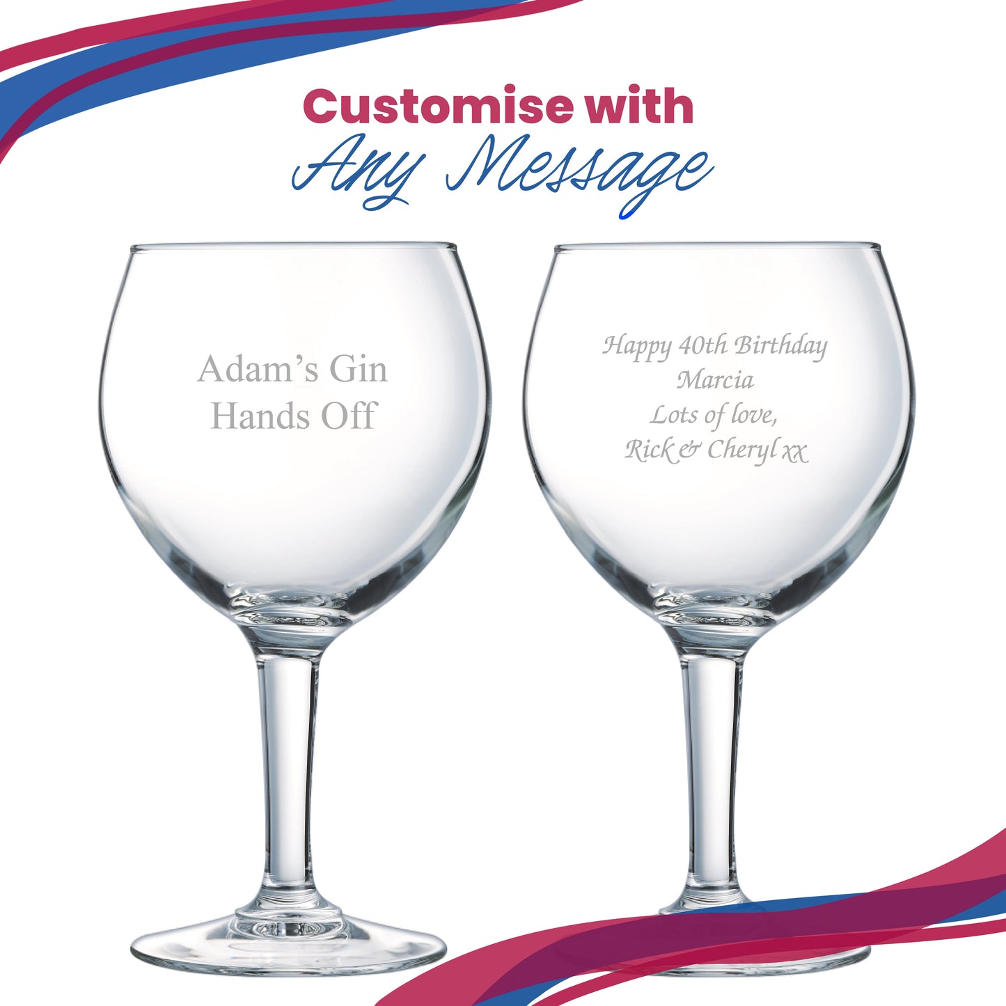 Engraved Gin Balloon and Tumbler Cocktail Glasses with Personalised Designs and Gift Box