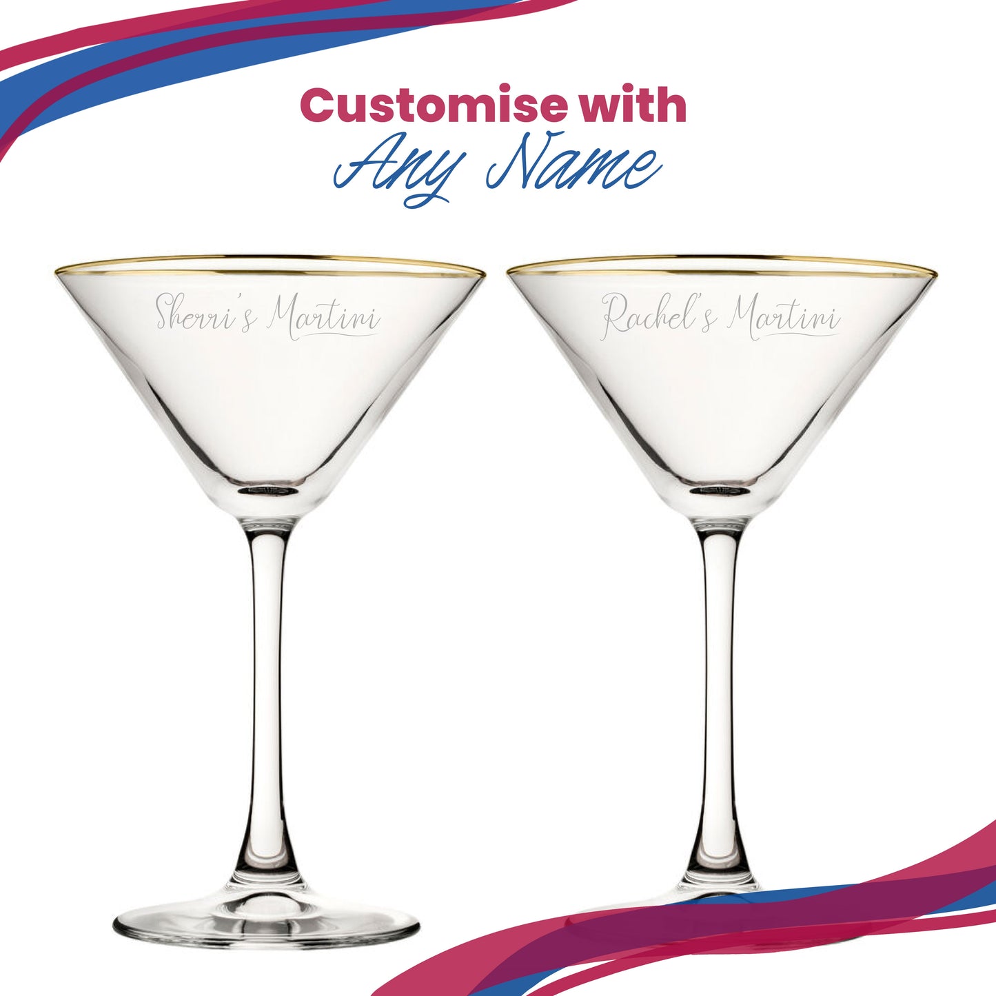 Engraved Gold Rim Martini Cocktail Glass with Name's Martini Design, Personalise with Any Name