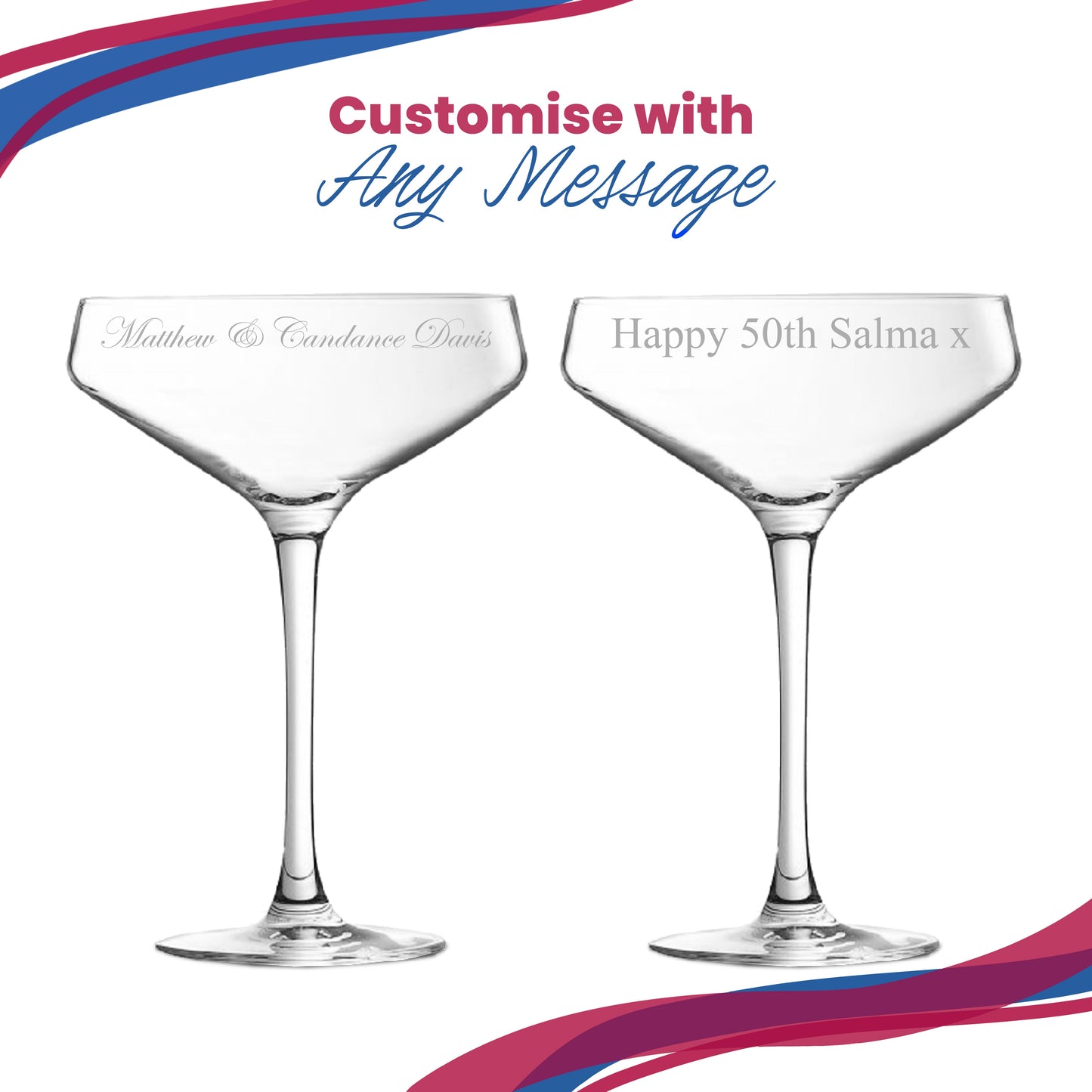 Engraved Cabernet Cocktail Champagne Saucer, Personalise with Any Name or Message