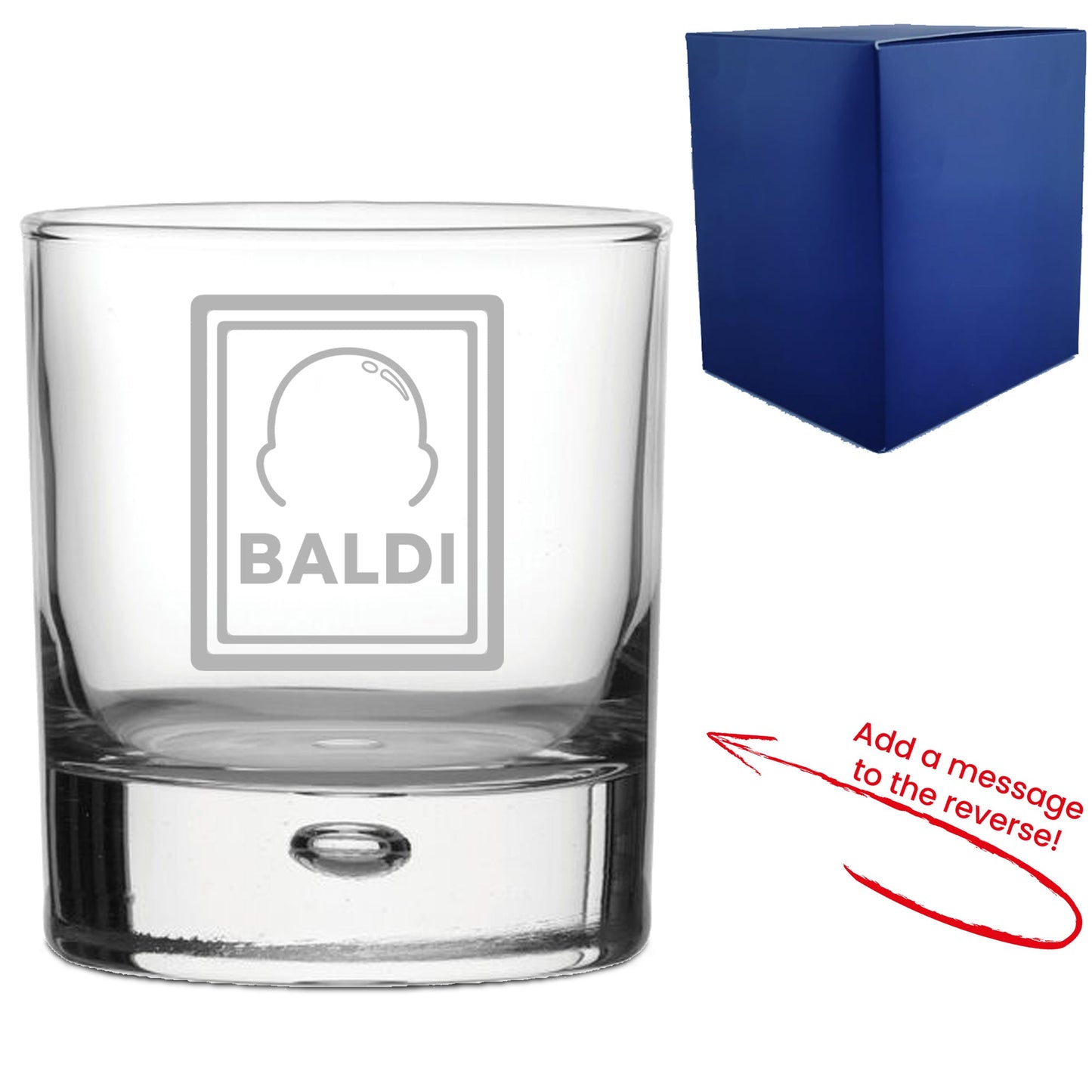 Engraved Whisky Glass with Baldi Design, Add a Personalised Message to the Reverse