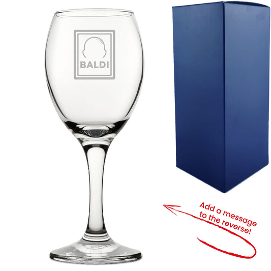 Engraved Wine Glass with Baldi Design, Add a Personalised Message to the Reverse
