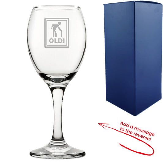Engraved Wine Glass with Oldi Design, Add a Personalised Message to the Reverse