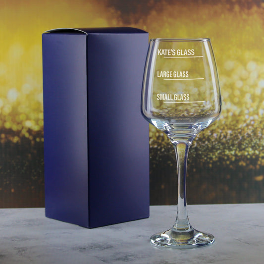 Personalised Engraved Tallo Wine Glass with Name's Glass Bold Measurements Design, Customise with Any Name