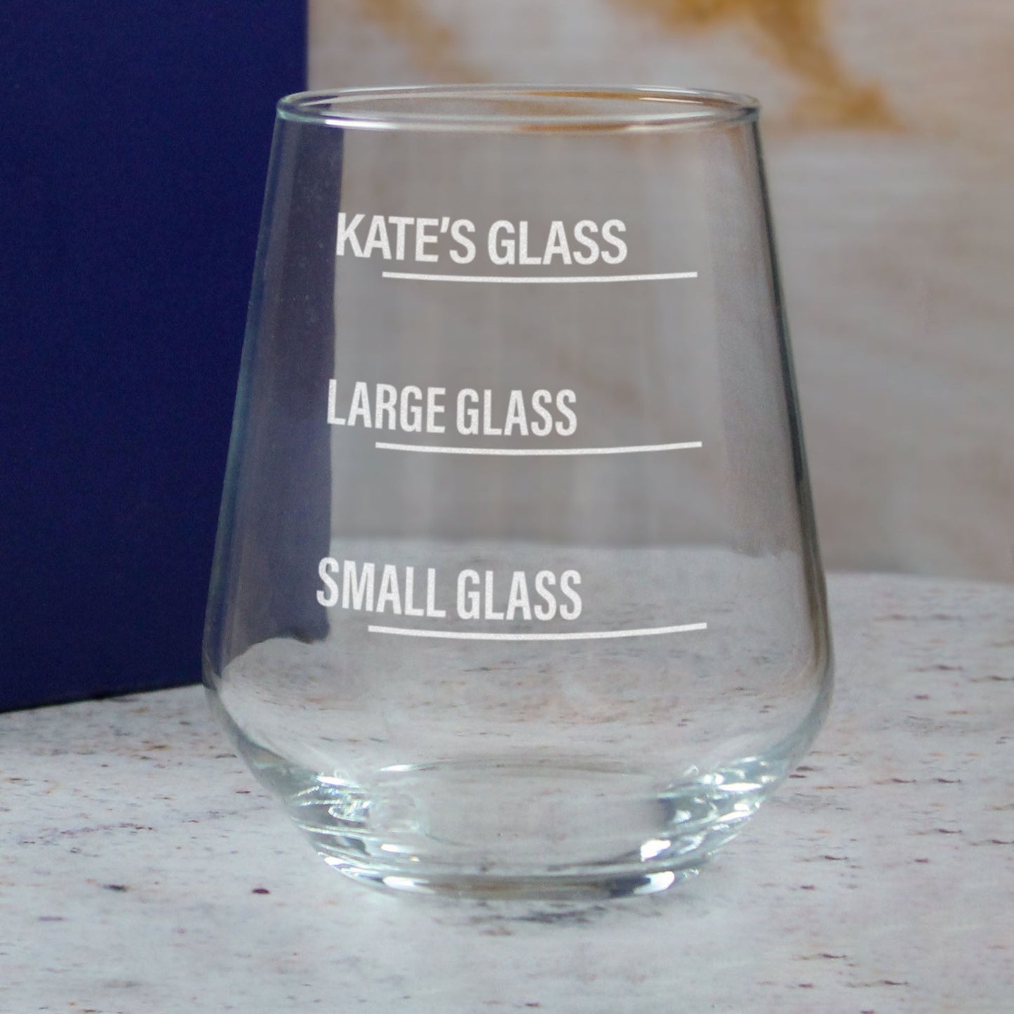 Personalised Engraved Stemless Allegra Wine Glass with Name's Glass Bold Measurements Design, Customise with Any Name