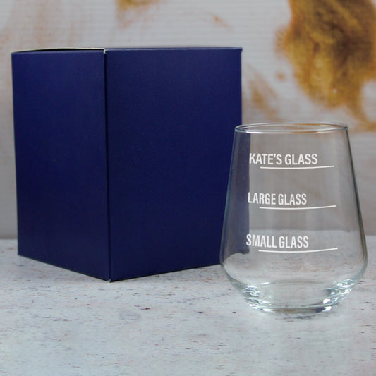 Personalised Engraved Stemless Allegra Wine Glass with Name's Glass Bold Measurements Design, Customise with Any Name