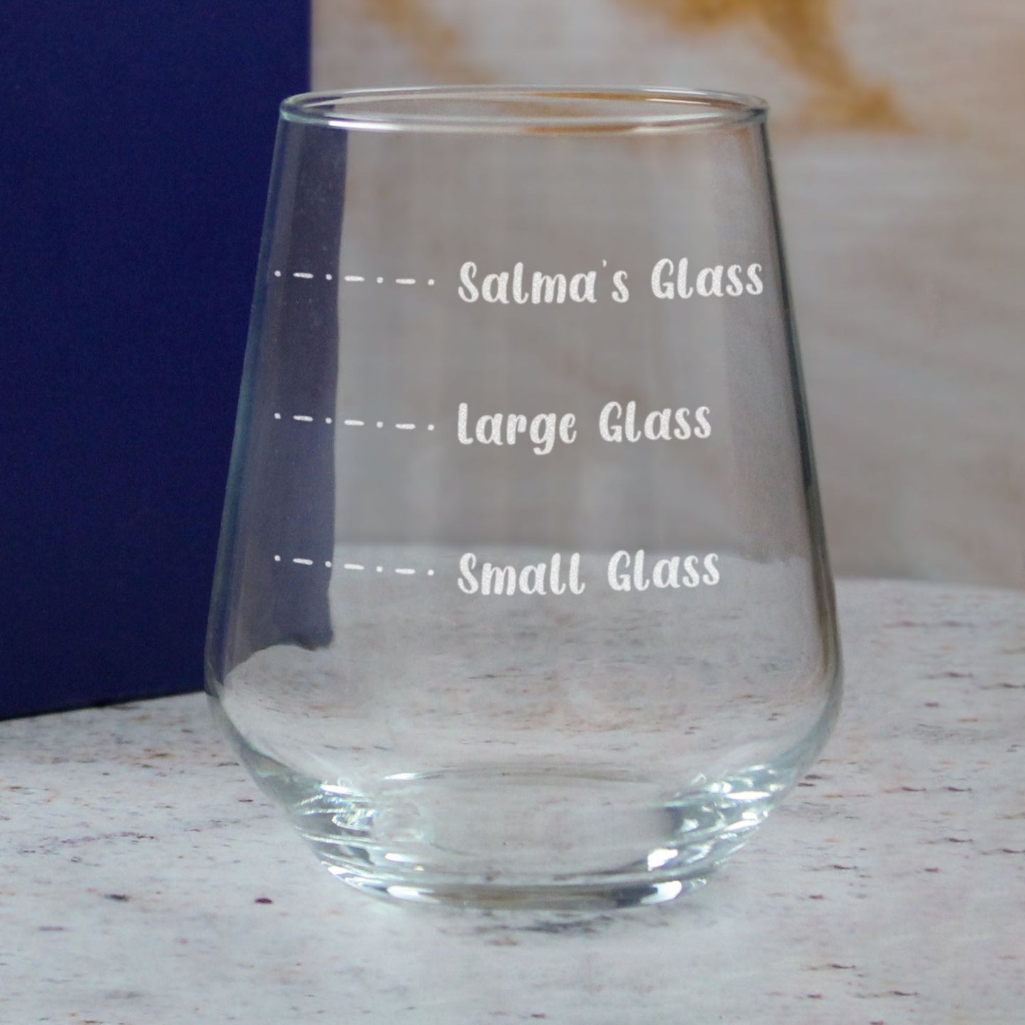Personalised Engraved Stemless Allegra Wine Glass with Name's Glass Handwritten Measurements Design, Customise with Any Name