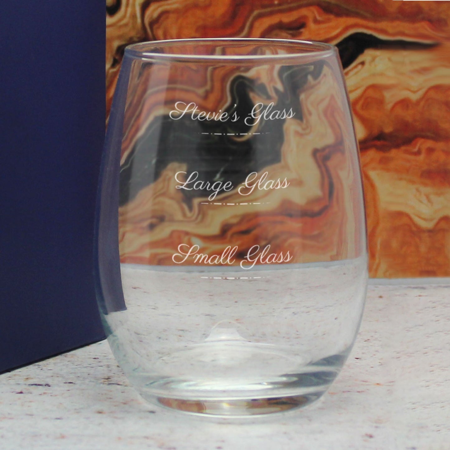Personalised Engraved Stemless Amber Wine Glass with Name's Glass Script Measurements Design, Customise with Any Name