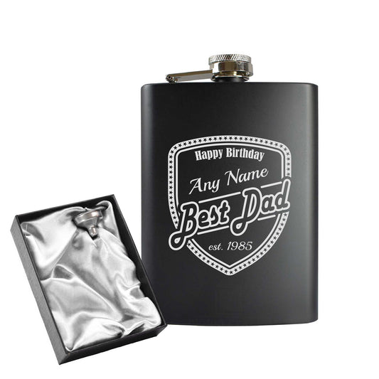 Engraved 8oz Black Hip flask with Birthday shield