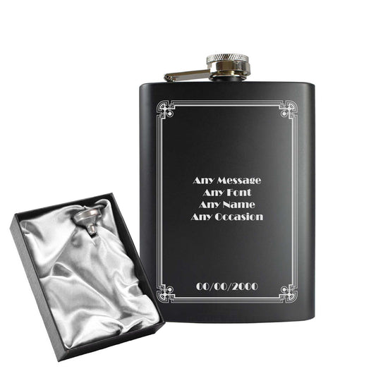 Engraved 8oz Black Hip flask with Formal border