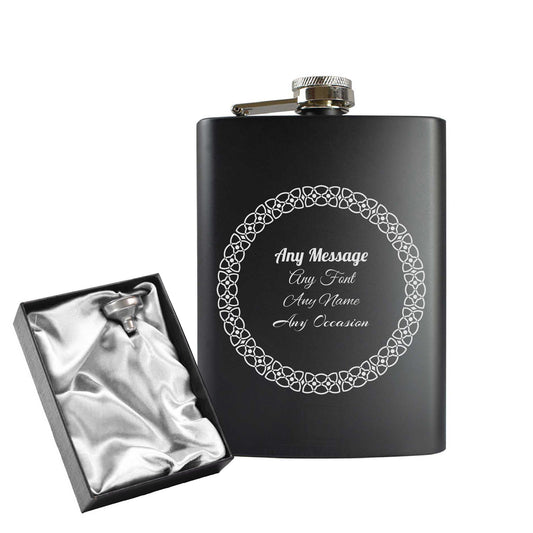 Engraved 8oz Black Hip flask with Circle border