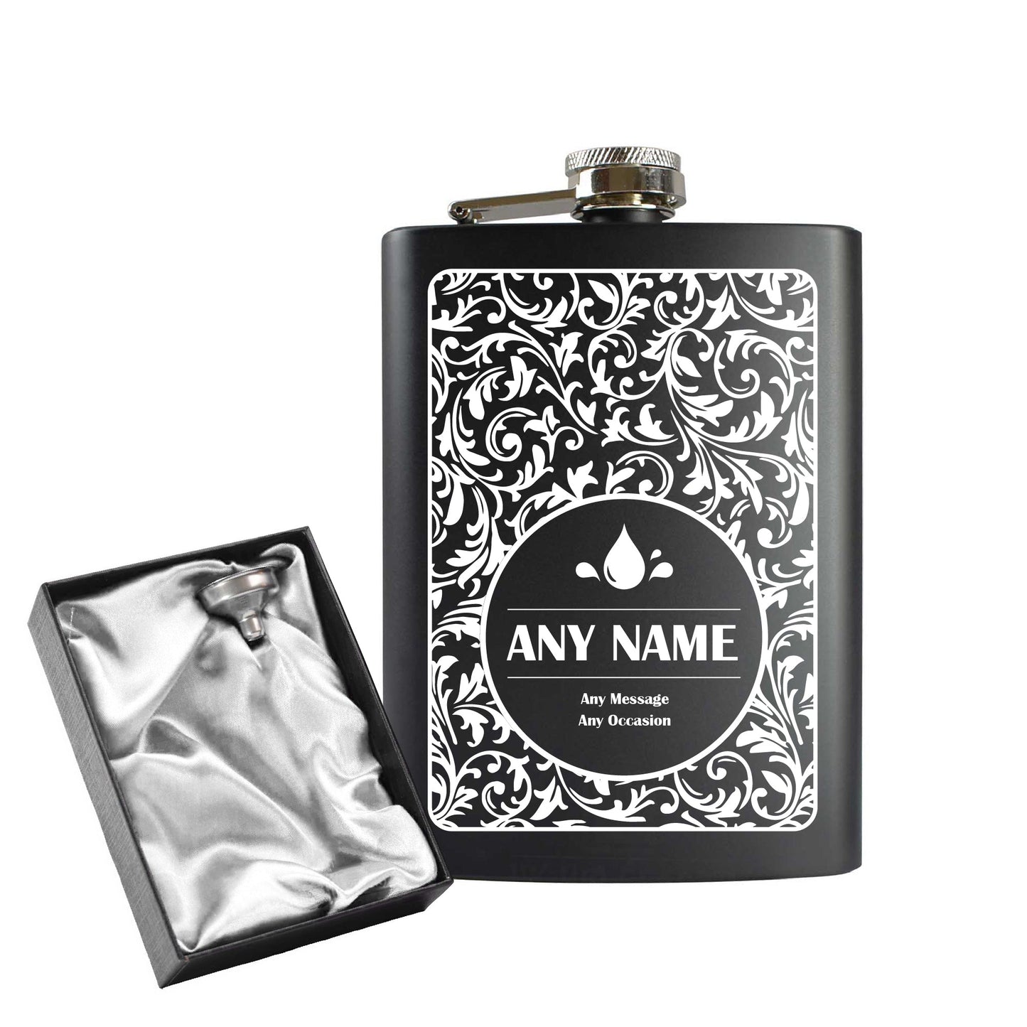 Engraved 8oz Black Hip flask with Fern leaf background