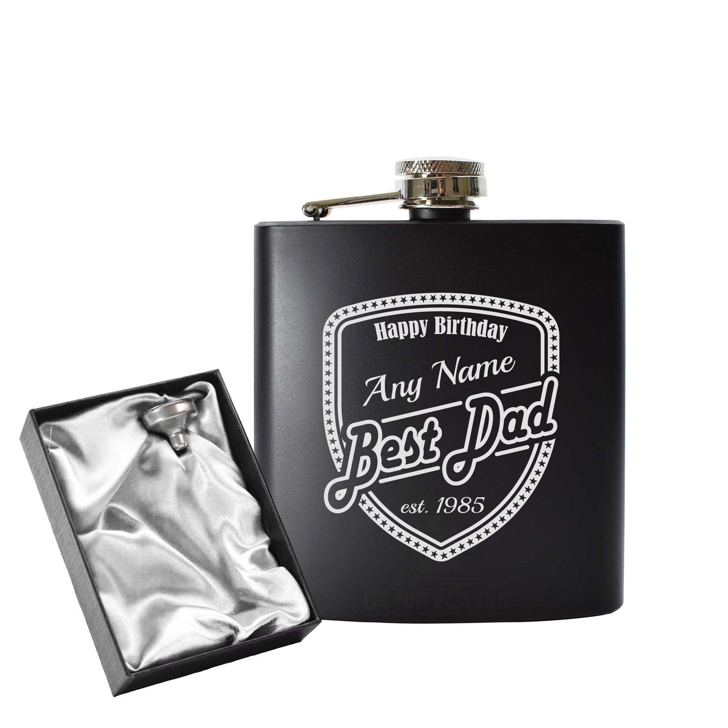 Engraved 6oz Black Hip flask with Birthday shield