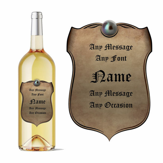 Personalised Parchment shield wine bottle label, Add any message.