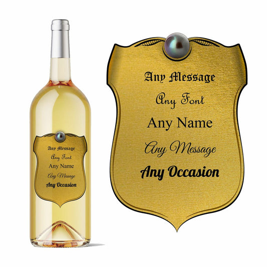 Personalised shield wine bottle label gold in colour, Add any message.