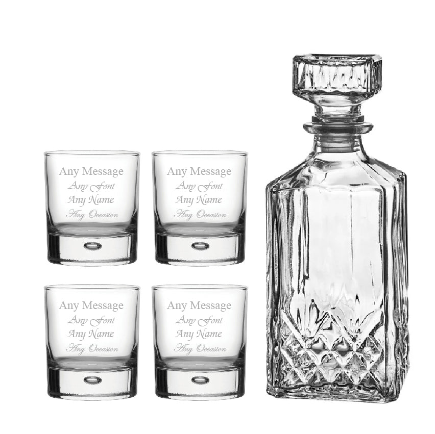 Set of 4 Engraved 11.5oz Bubble Whisky glasses and Prysm Decanter