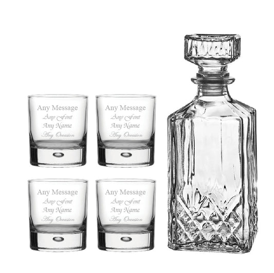 Set of 4 Engraved 11.5oz Bubble Whisky glasses and Prysm Decanter