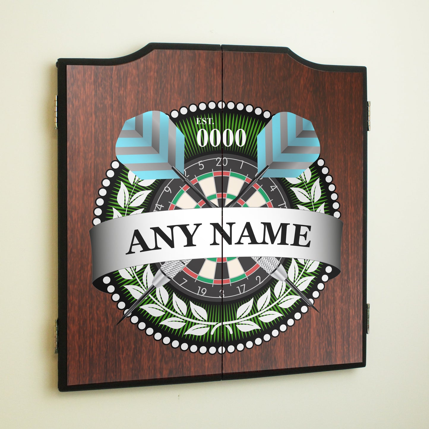 Personalised Home Dartboard, Cabinet and Darts Set with Year and Any Name