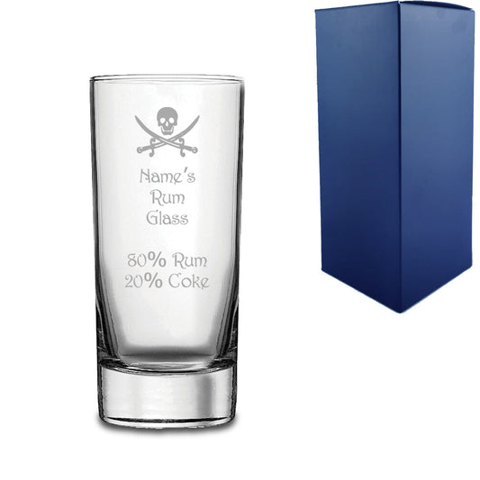 Engraved Rum Hiball Glass with Skull and Measurements Design
