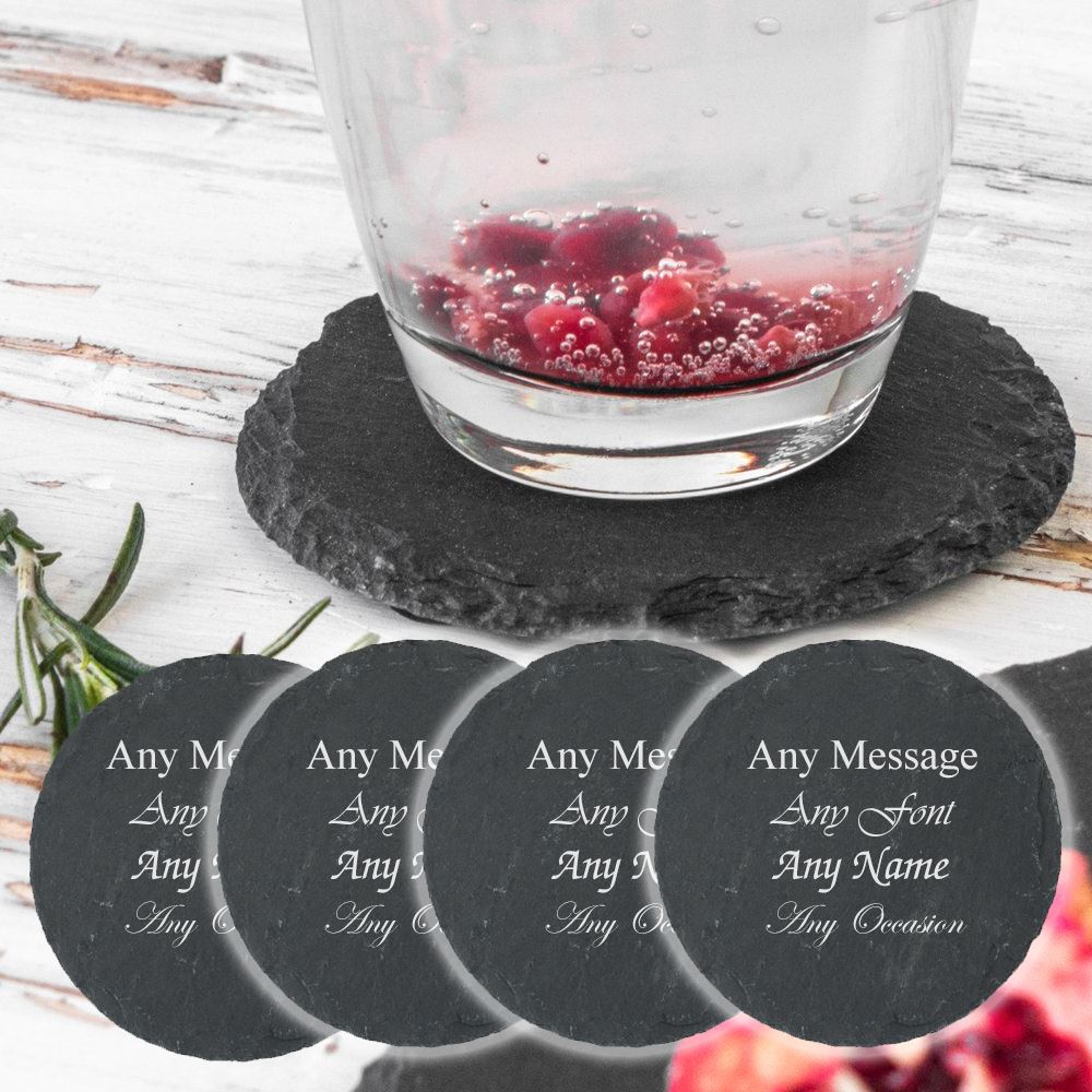 Personalised Engraved Round Natural Slate Drinks Coaster - Set of 4