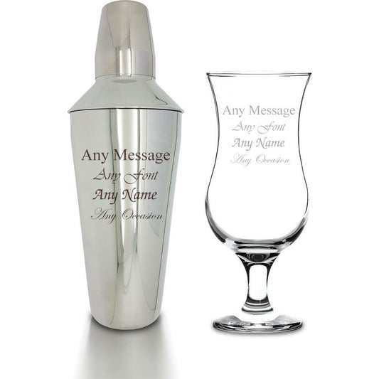 Personalised Engraved Cocktail Shaker with Strainer and Pina Colada Glass, Perfect for any Cocktail lover, Great for any Occasion