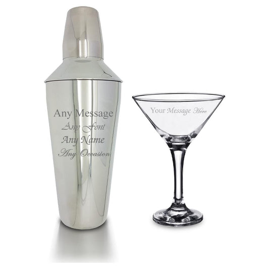Personalised Engraved Cocktail Shaker with Strainer and Martini Glass, Perfect for any Cocktail lover, Great for any Occasion