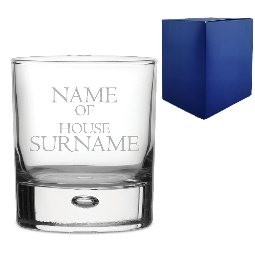 Engraved "Name of House Surname" Novelty Whisky Tumbler With Gift Box