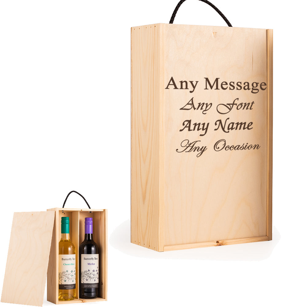 Personalised Engraved Wooden Wine Box, to fit 2 Standard Bottles of Wine or Champagne, Perfect for Any Special Occasion