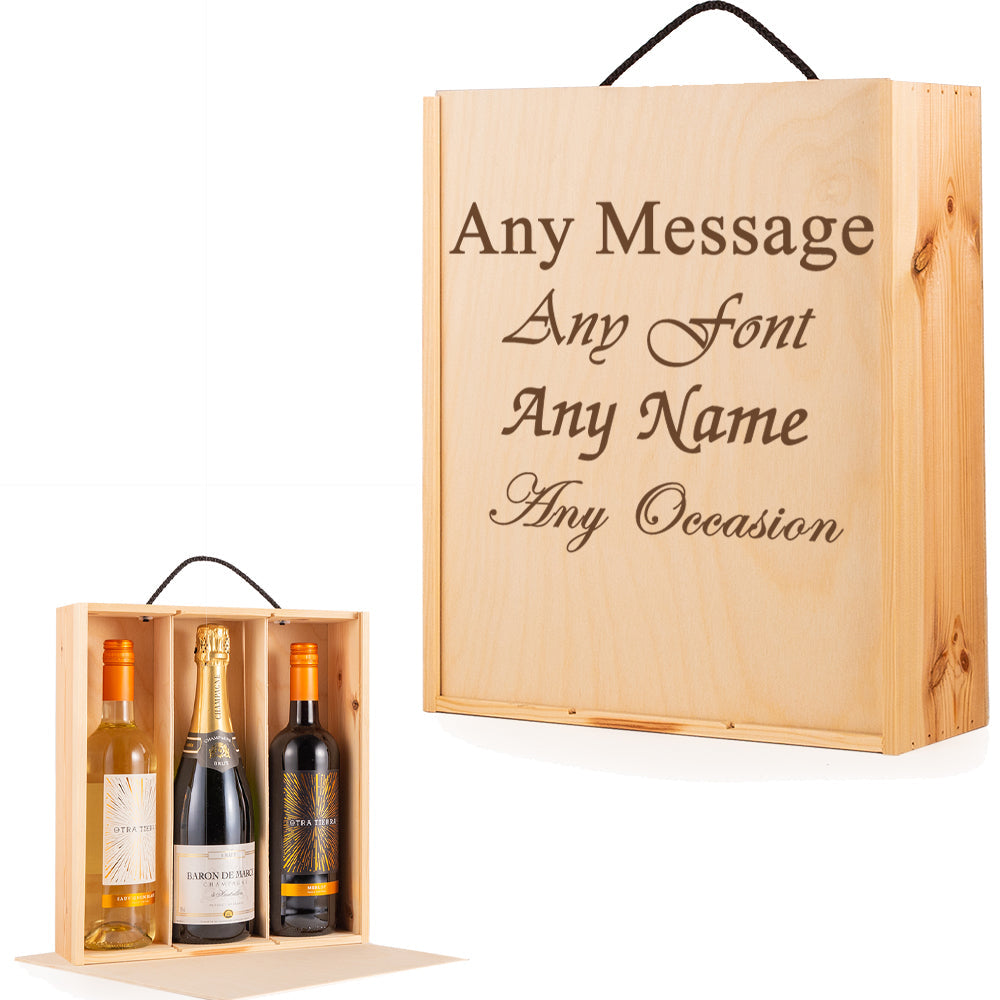 Engraved 3 Bottle Wooden Wine Box