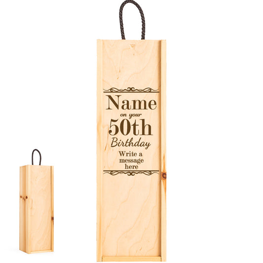 Personalised Engraved Wooden Wine Box with Birthday Design, to fit Standard Bottle of Wine or Champagne, Add Any Name, Age and Message