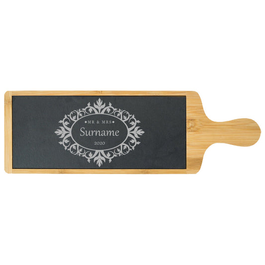 Engraved Bamboo and Slate Cheeseboard with Mr and Mrs Design