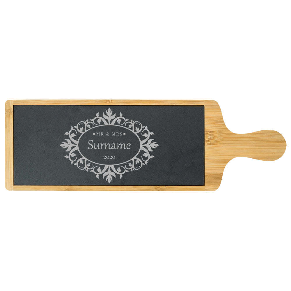 Engraved Bamboo and Slate Cheeseboard with Mr and Mrs Design