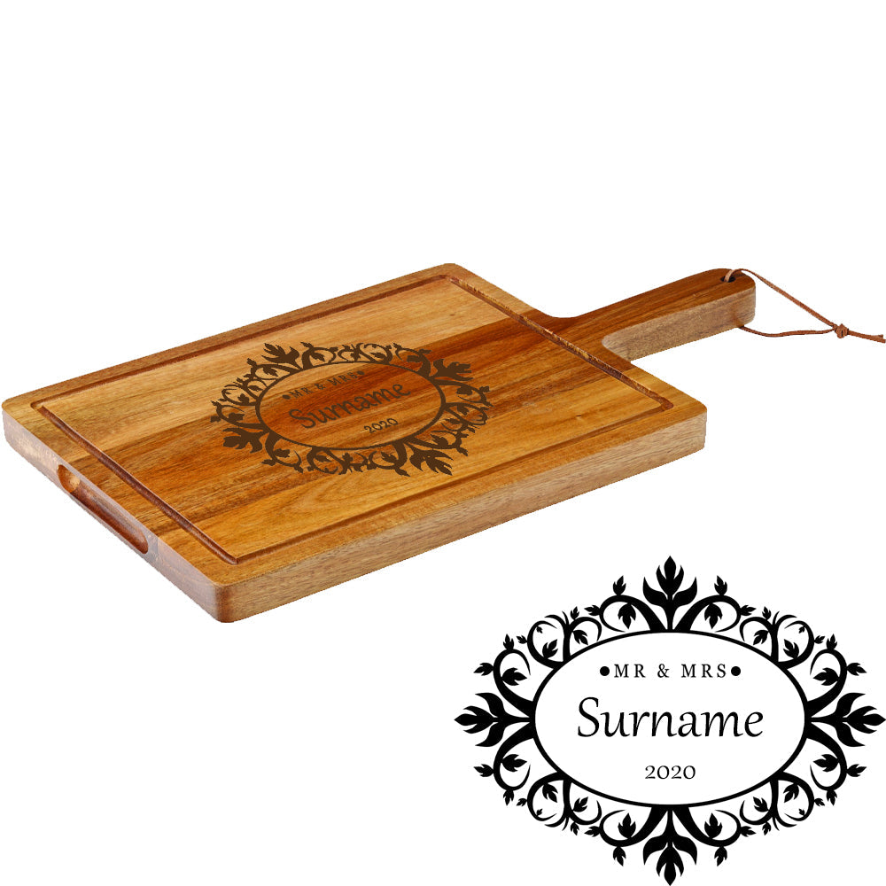 Engraved Acacia Wood Cheeseboard with Mr and Mrs Design
