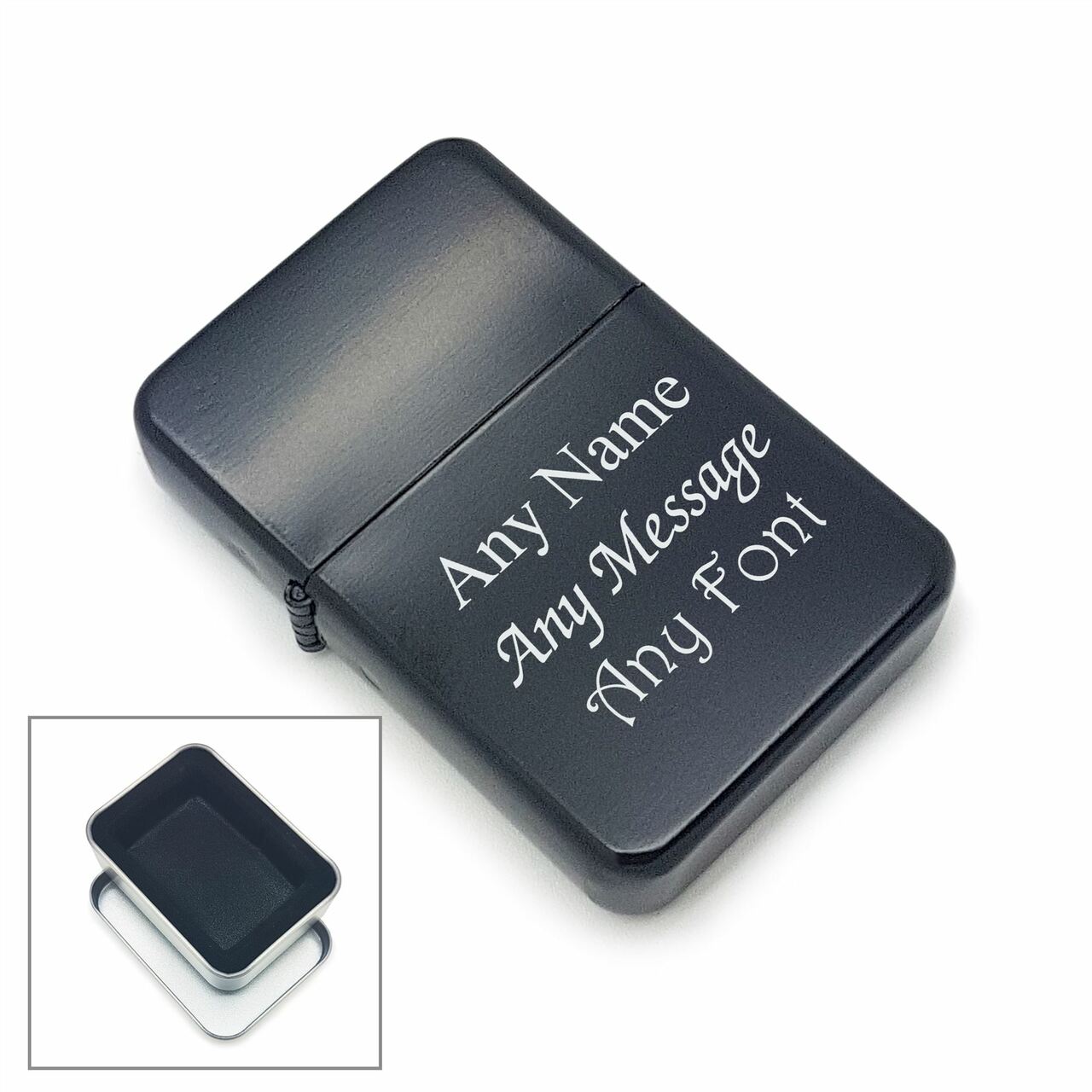 Engraved Black Lighter, Metal Tin Gift Box