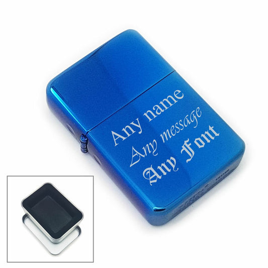 Engraved Blue Metallic Lighter, Metal Tin Gift Box