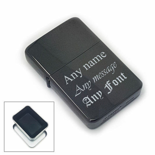 Engraved Black Gloss Lighter, Metal Tin Gift Box