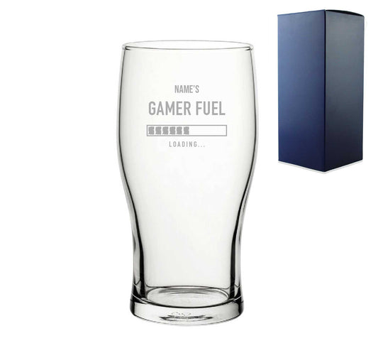 Engraved Pint Glass Name's Gamer Fuel Design, Gift Boxed, Personalise with any name for any gamer