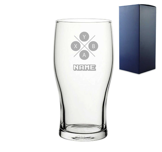 Engraved Pint Glass with X controller Button Design, Gift Boxed, Personalise with any name for any gamer