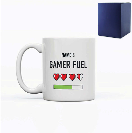 Printed Mug with Name's Gamer Fuel Hearts Design, Gift Boxed, Personalise with any name for any gamer