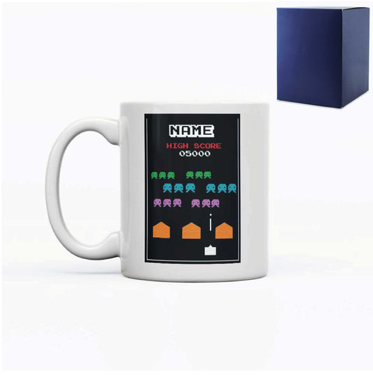 Printed Mug with Name Retro Space Arcade Game Design, Gift Boxed, Personalise with any name for any gamer