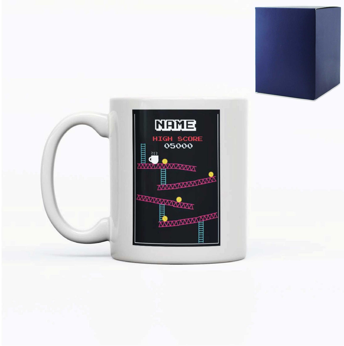 Printed Mug with Name Retro Arcade Game Design, Gift Boxed, Personalise with any name for any gamer