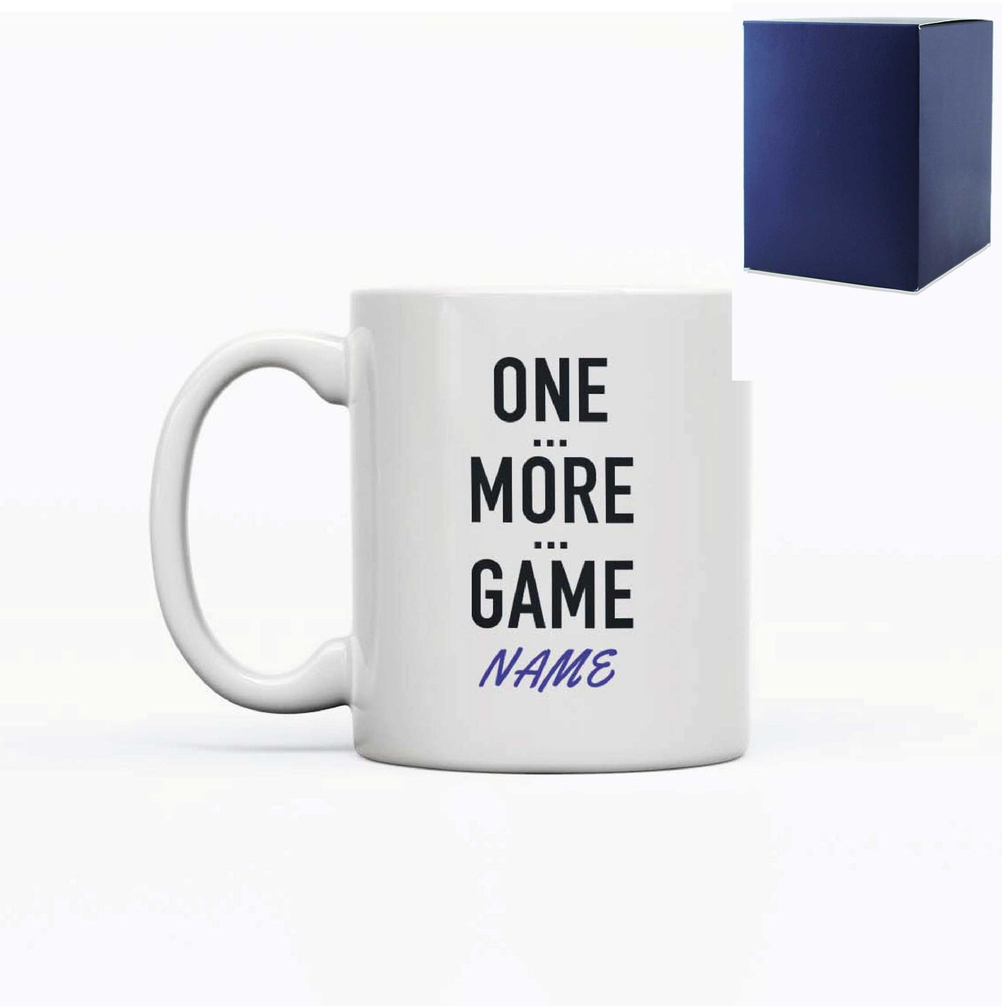 Printed Mug with One More Game Design, Gift Boxed, Personalise with any name for any gamer