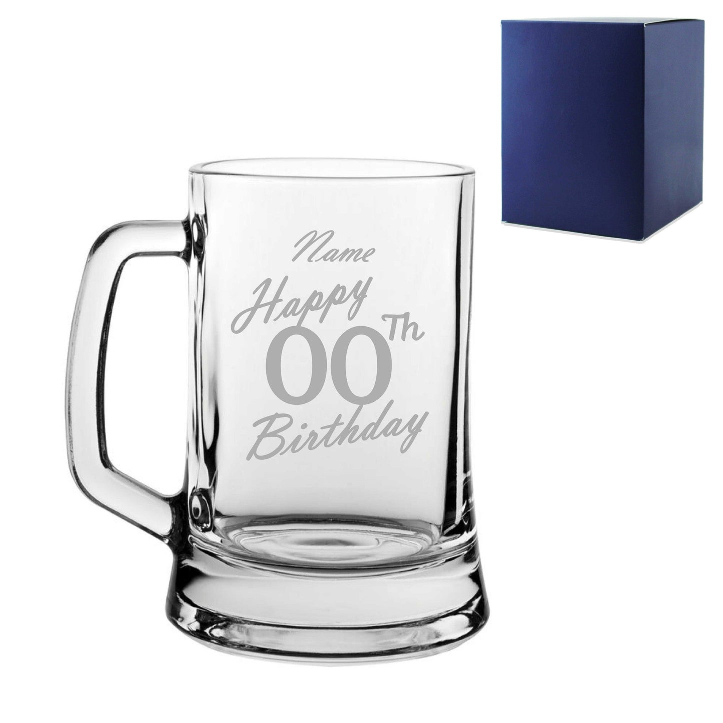Engraved  Tankard Beer Mug Stein Happy 20,30,40,50... Birthday Handwritten Design Gift Boxed