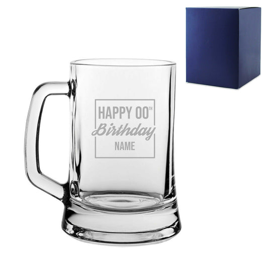 Engraved  Tankard Beer Mug Stein Happy 20,30,40,50... Birthday Square Design Gift Boxed