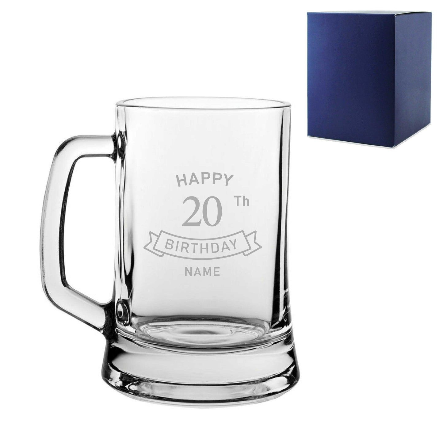 Engraved  Tankard Beer Mug Stein Happy 20th Birthday Banner Design Gift Boxed