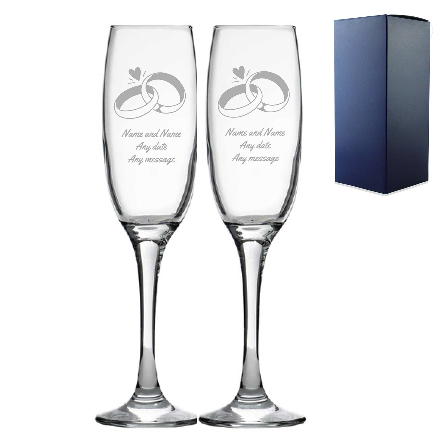 Personalised Engraved Wedding Champagne Glass Set with Any Message, Any Date, Rings