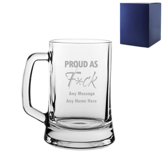 Personalised Engraved Tankard Beer Mug Stein, Proud As F, Funny LGBTQ Any Message Design