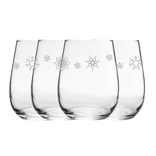 Engraved Snowflake Pattern Stemless wine, Gaia Set of 4, 12oz